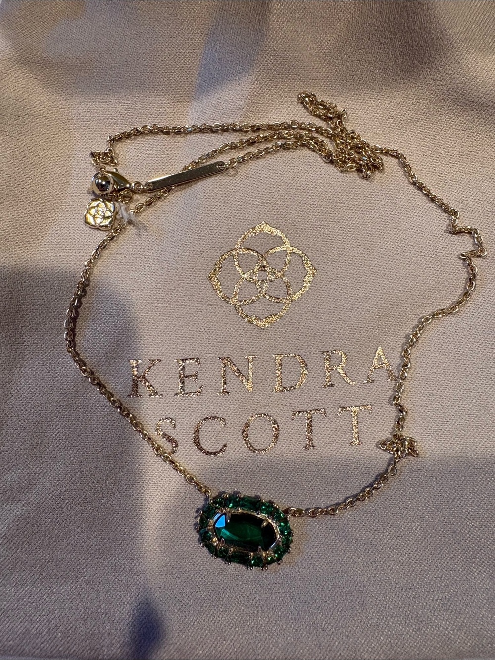 Kendra Scott Gold Necklace with Emerald Green Crystal Pendant and Accent Stones